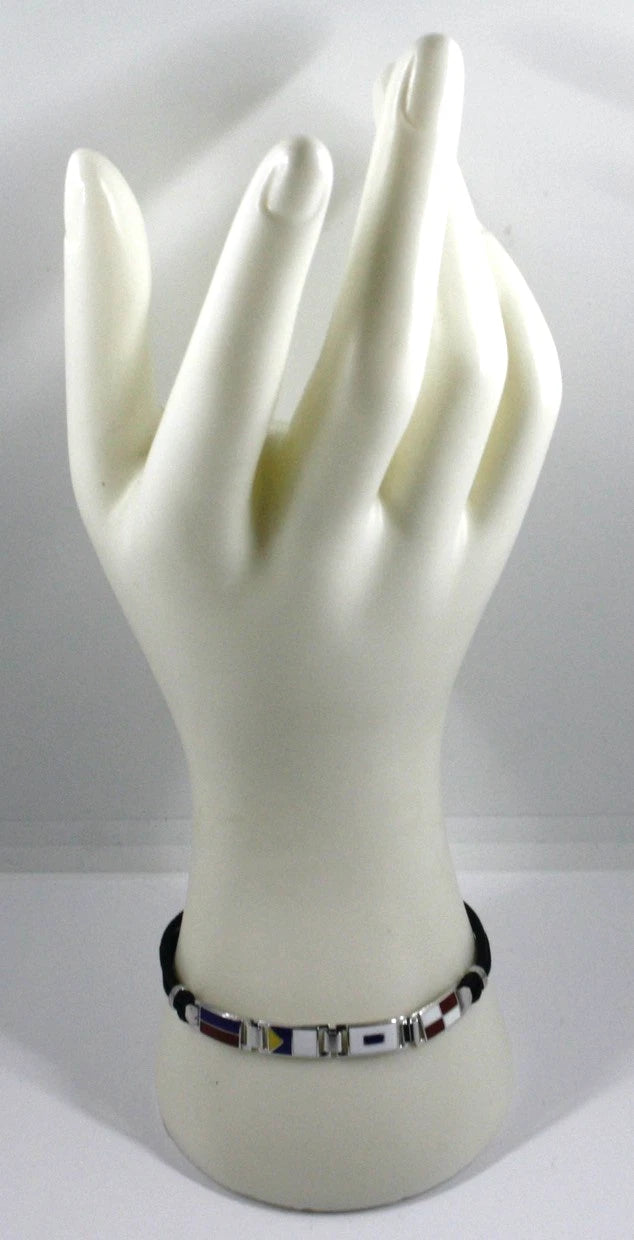 Bracciale Arcadia in argento 925 con bandiere nautiche smaltate a fuoco, spessore 6.5 mm, cordino nero, lunghezza 20.5 cm, Made in Italy