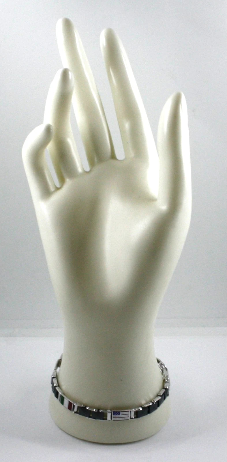 Bracciale Arcadia in argento 925 con bandiere Italiane, Italia, Usa, Stati Uniti smaltate a fuoco, spessore 6.5 mm e ceramica nera, lunghezza 20 cm, Made in Italy