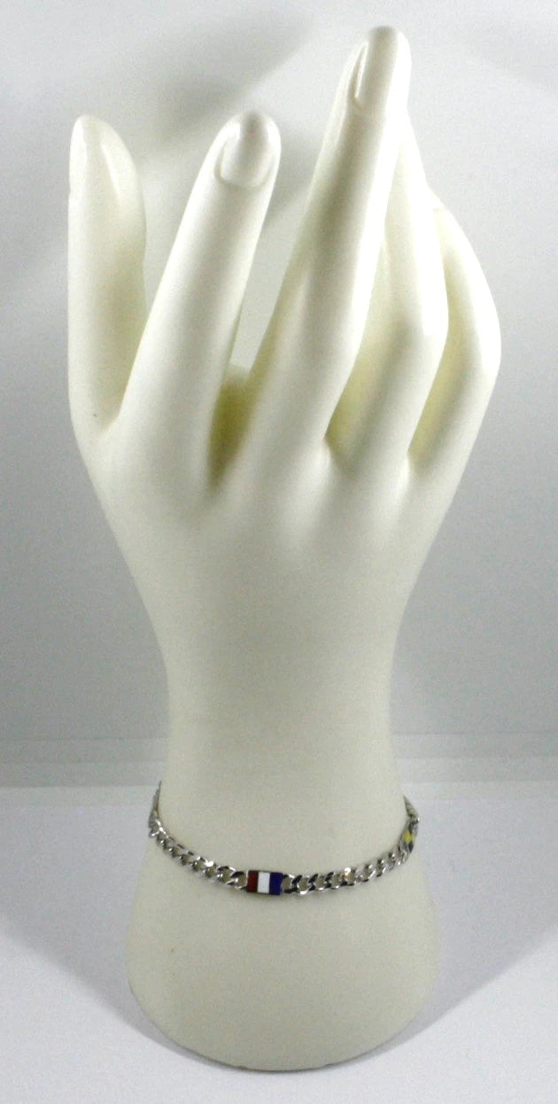 Bracciale Arcadia in argento 925 con bandiere nautiche smaltate a fuoco, spessore 5 mm, maglia groumette, lunghezza 19-20.5 cm, Made in Italy