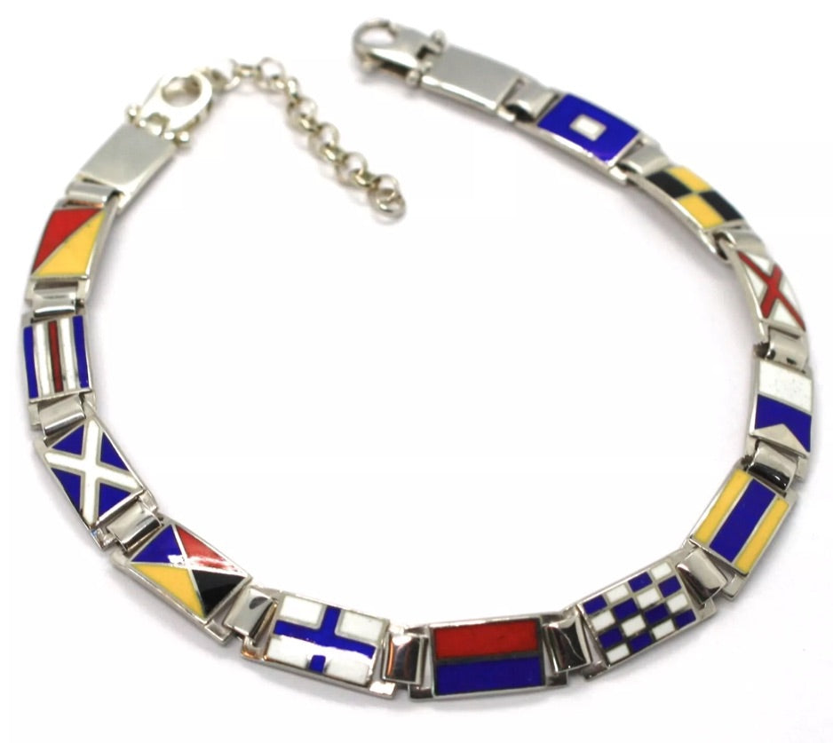 Armband aus 925er Silber, 21 cm, 6 mm große nautische Flaggen, Name Alessandro und Ankersymbol
