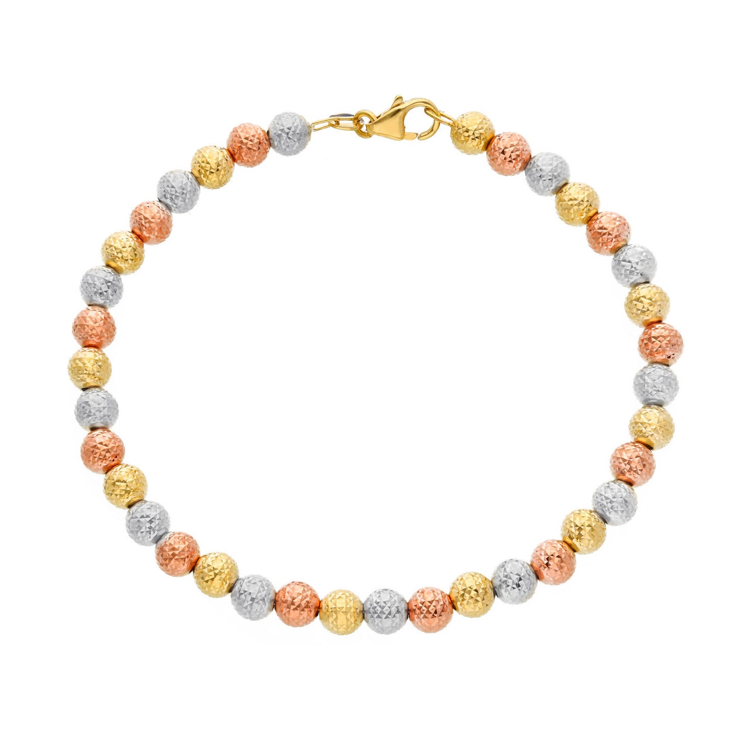 BRACCIALE ORO GIALLO, BIANCO E ROSA 18K, SFERE LAVORATE DA 5 MM, LUNGHEZZA 19 CM
