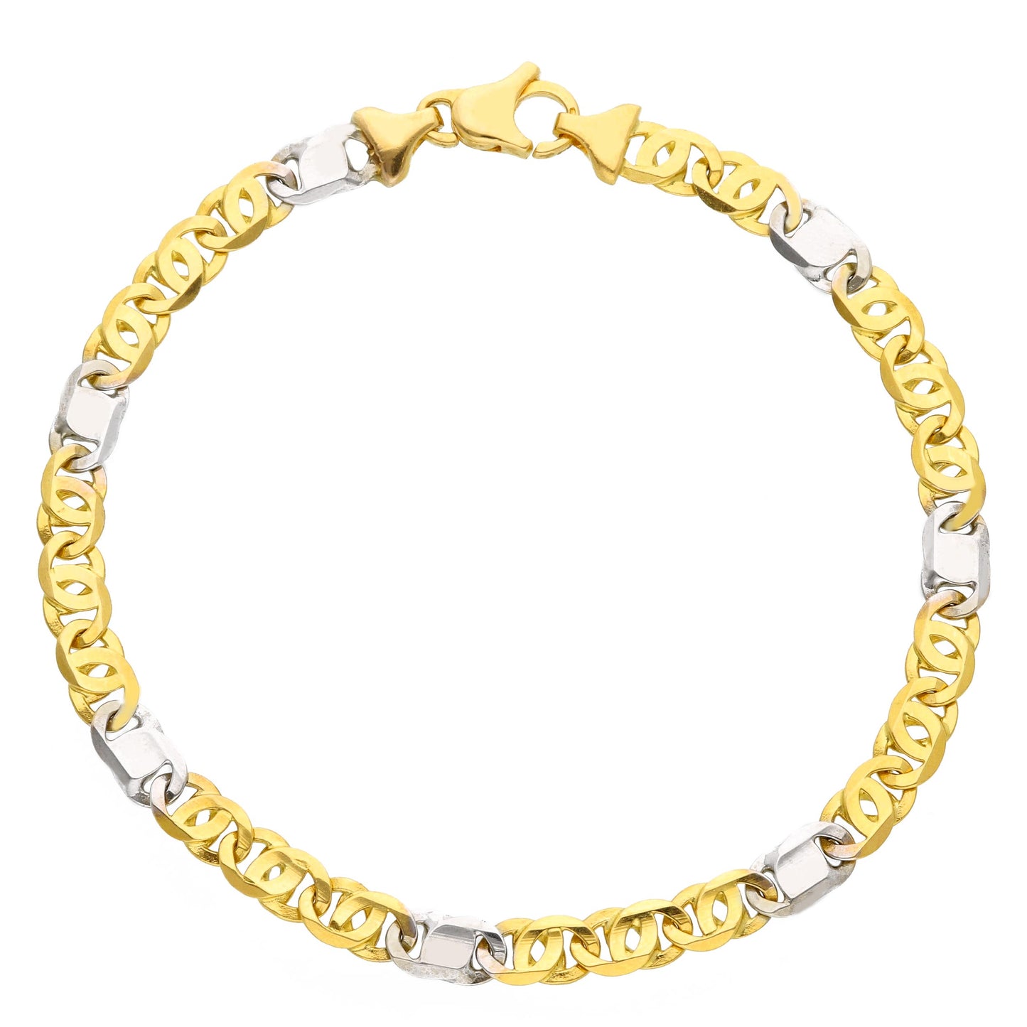 BRACCIALE ORO GIALLO E BIANCO 18K, MAGLIA OCCHIO DI TIGRE E PIASTRE PIATTE 3+1