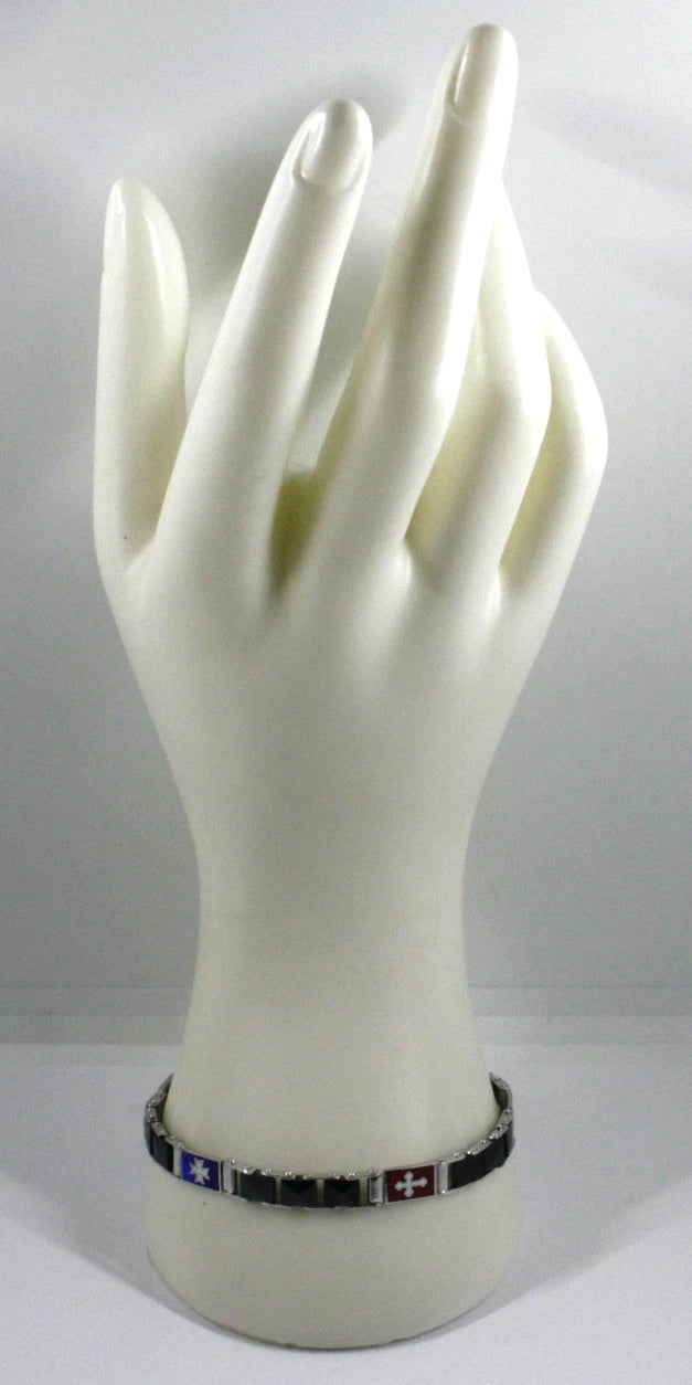 Bracciale Arcadia in argento 925 con bandiere Repubbliche Marinare smaltate a fuoco, spessore 6.5 mm, ceramica nera, lunghezza 21 cm, Made in Italy