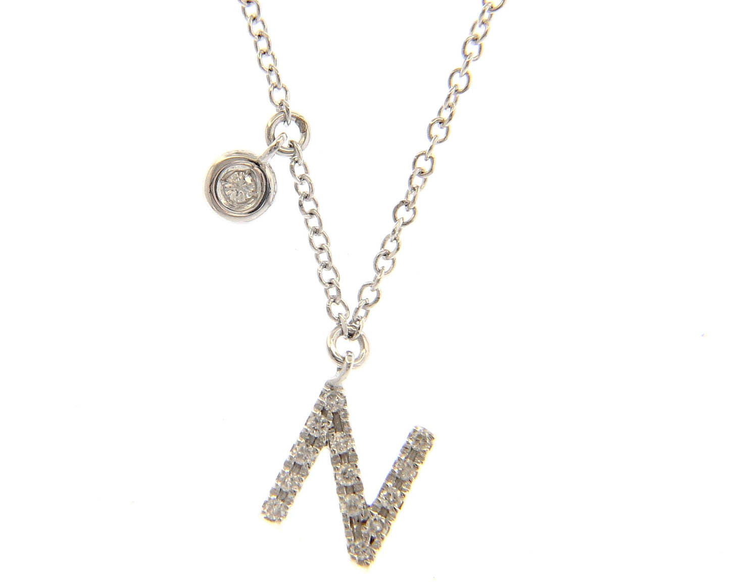 18K WHITE GOLD NECKLACE, ROLO LINK WITH PENDANT INITIAL LETTER AND DIAMONDS