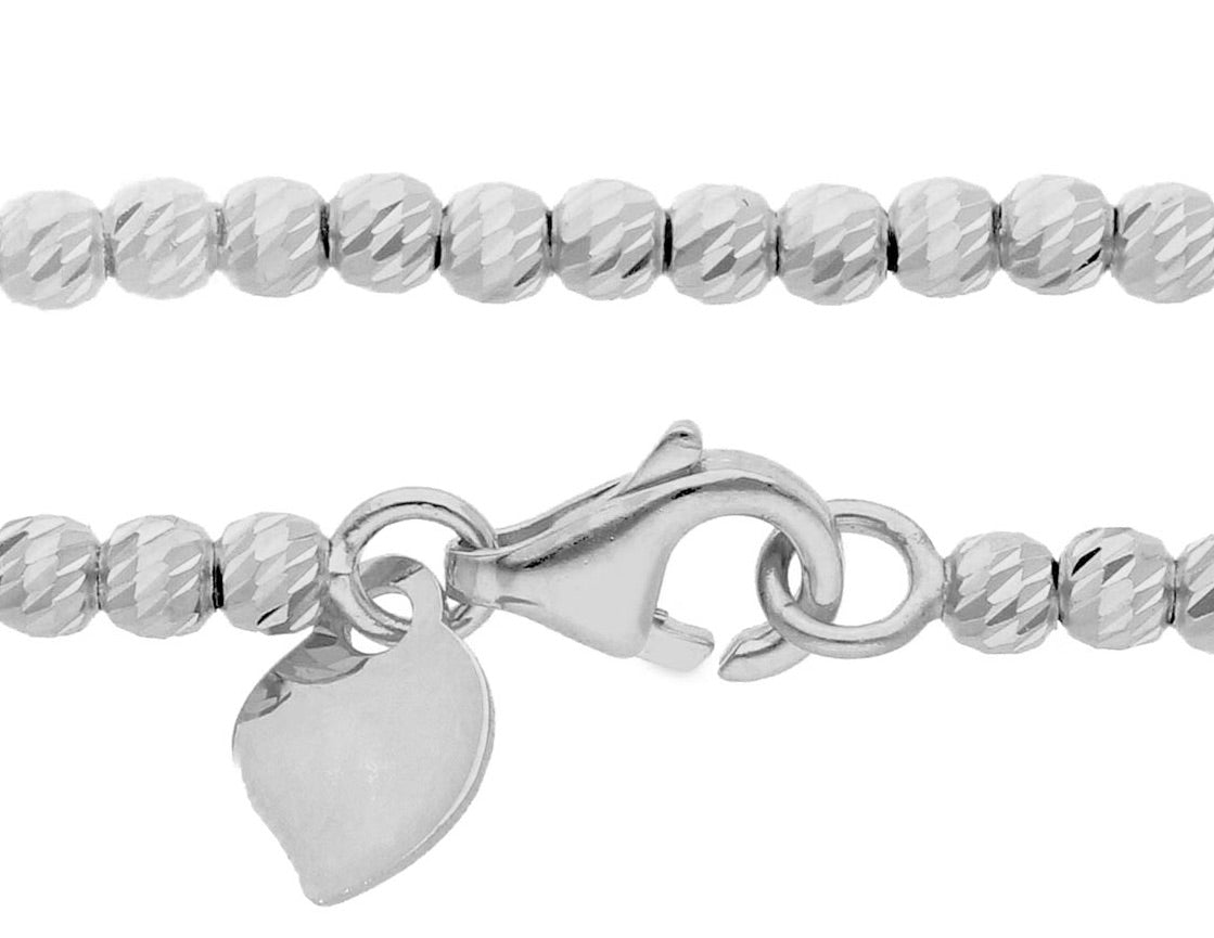 CATENA IN ORO BIANCO 18K, PALLINE E SFERE LAVORATE, SPESSORE 2.5 MM, 40-45-50 CM