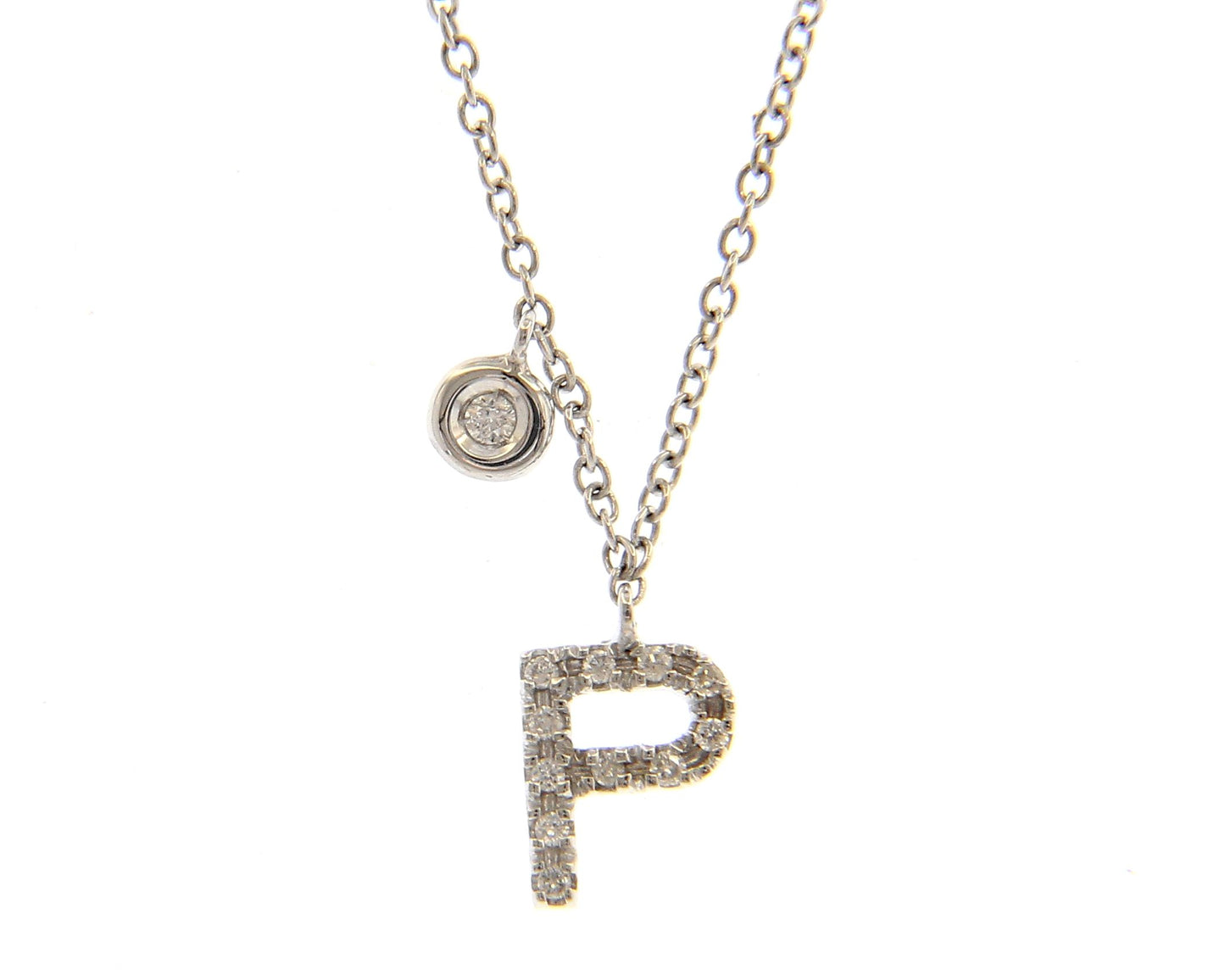 18K WHITE GOLD NECKLACE, ROLO LINK WITH PENDANT INITIAL LETTER AND DIAMONDS
