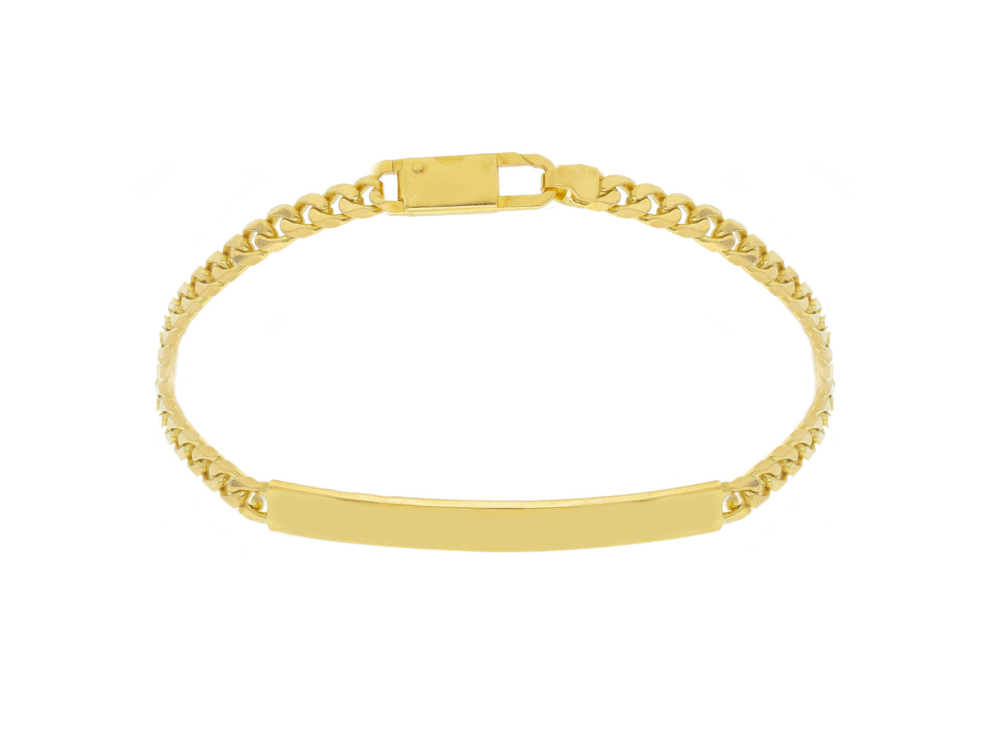 BRACCIALE ORO GIALLO 18K, MAGLIA GOURMETTE CUBANA DA 4 MM E PIASTRA INCIDIBILE