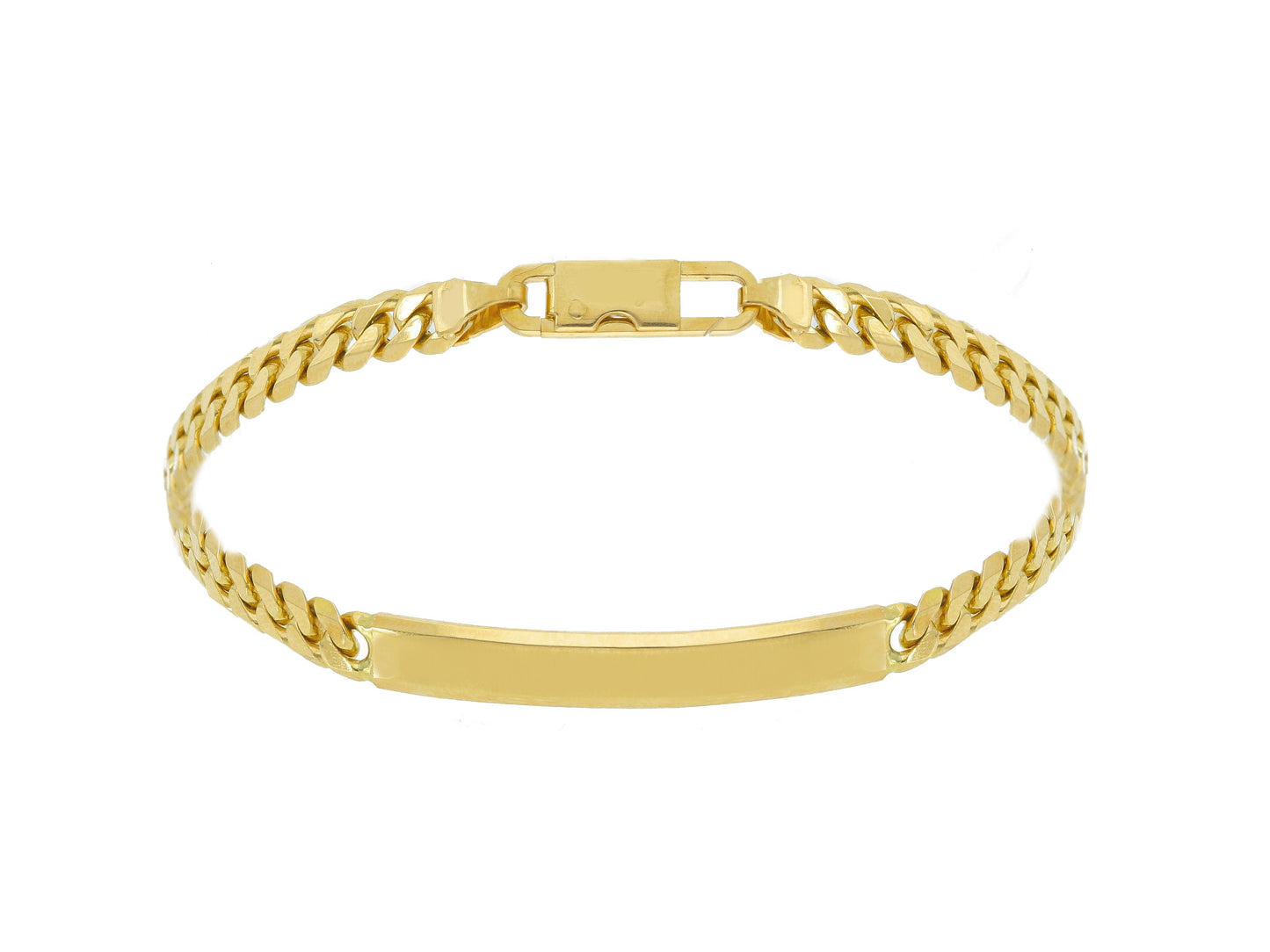 BRACCIALE ORO GIALLO 18K, MAGLIA GOURMETTE CUBANA DA 5 MM E PIASTRA INCIDIBILE