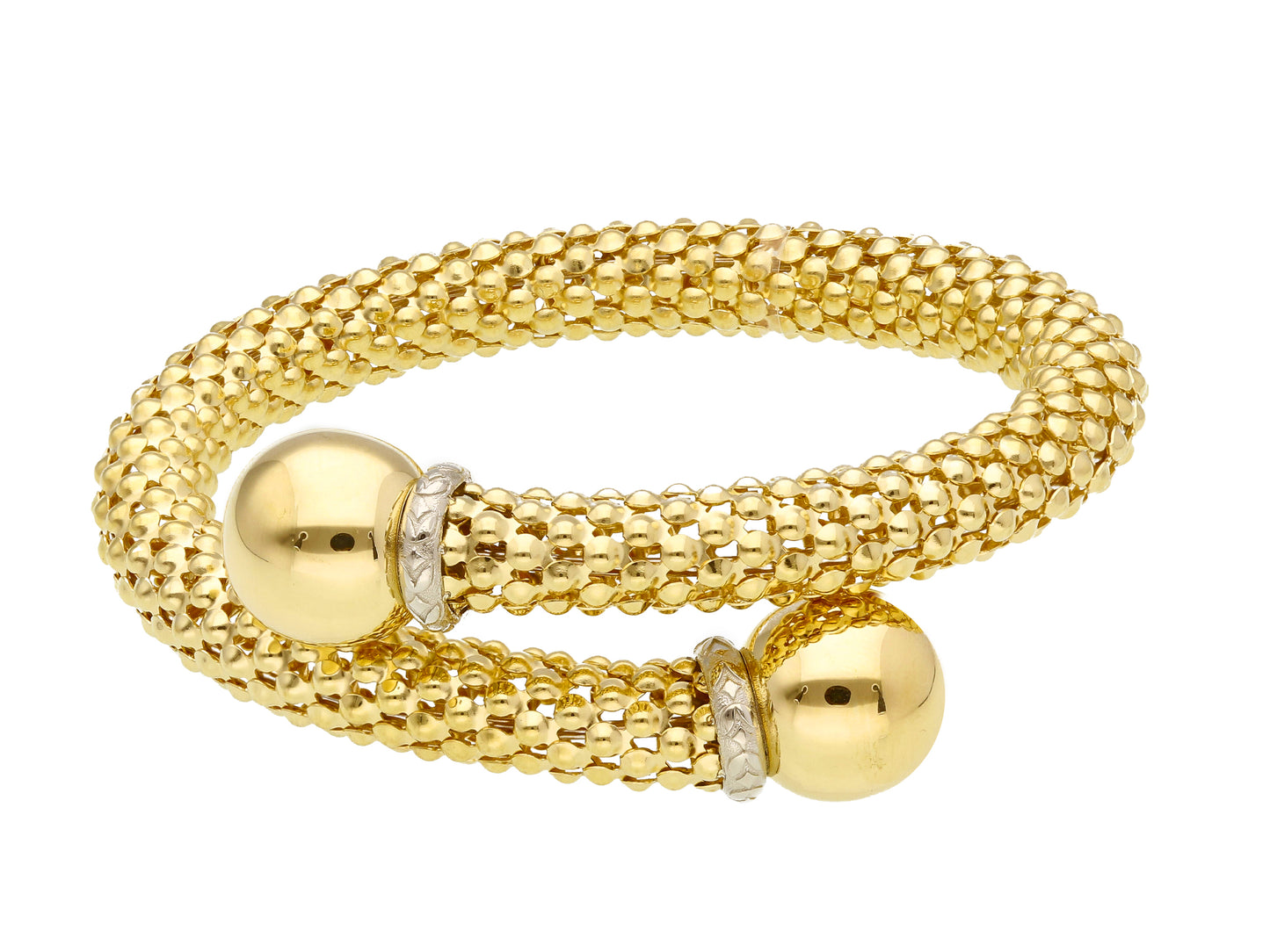 BRACCIALE ORO GIALLO O BIANCO, 18K, 750, RIGIDO, CONTRARIE, MAGLIA CESTINO E SFERE