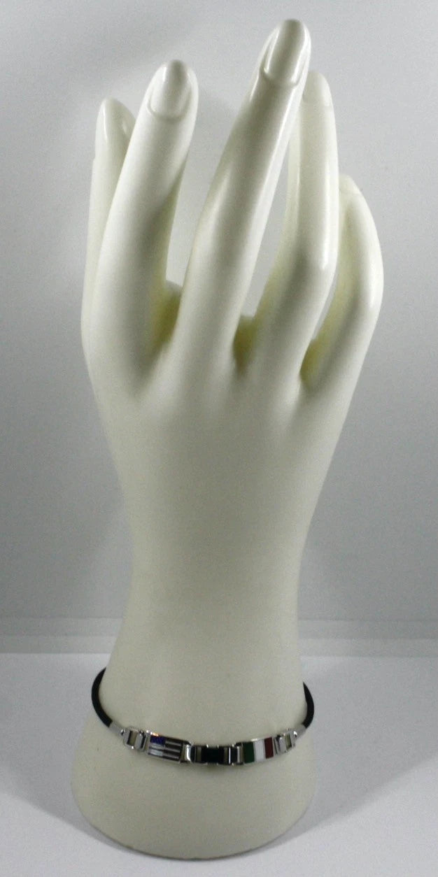 Bracciale Arcadia in argento 925 con bandiera Italia e Usa smaltate a fuoco, spessore 6.5 mm, ceramica nera, lunghezza 20.5 cm, Made in Italy