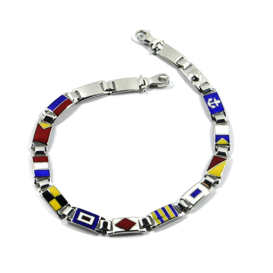 Arcadia-Armband aus 925er Silber mit emaillierten nautischen Flaggen, Stärke 5,5 mm, Länge 21 cm, hergestellt in Italien