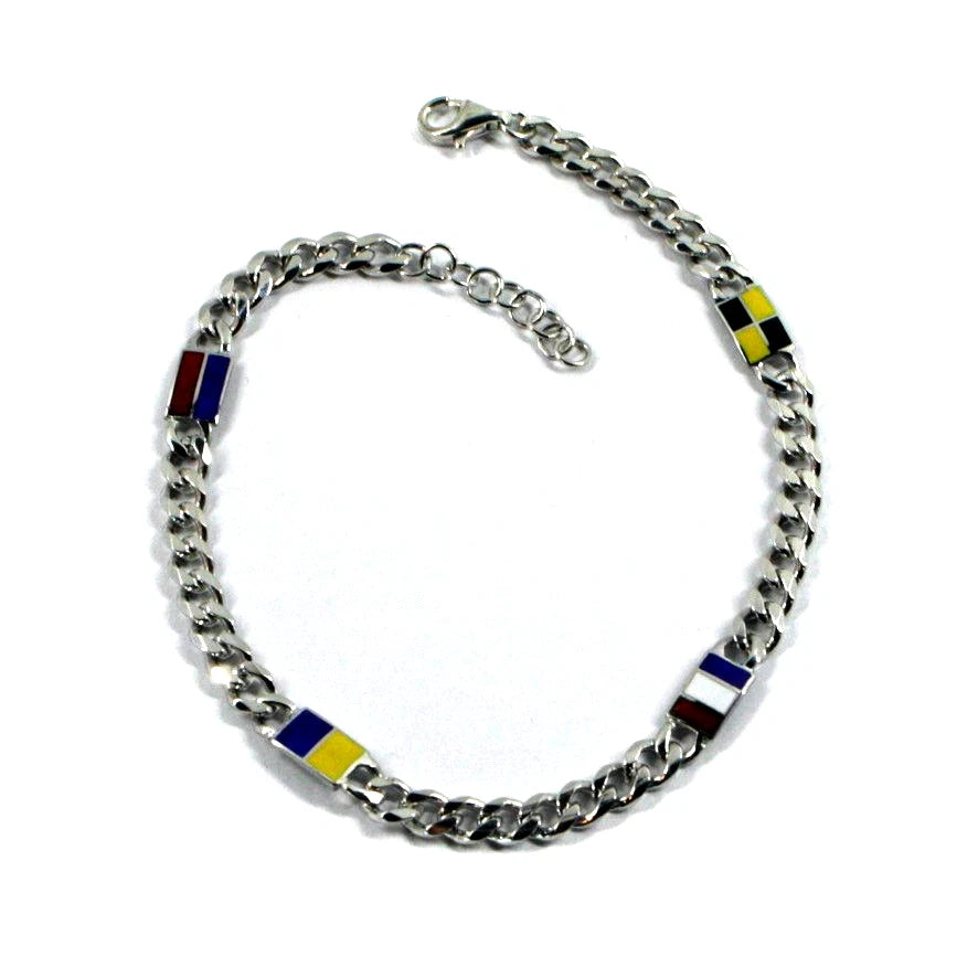 Bracciale Arcadia in argento 925 con bandiere nautiche smaltate a fuoco, spessore 5 mm, maglia groumette, lunghezza 19-20.5 cm, Made in Italy