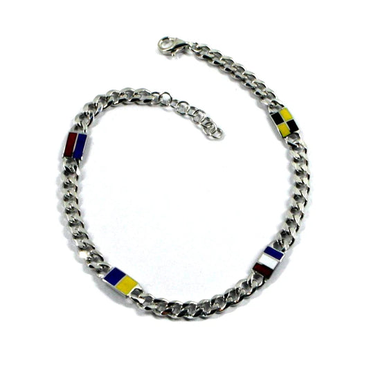 Bracciale Arcadia in argento 925 con bandiere nautiche smaltate a fuoco, spessore 5 mm, maglia groumette, lunghezza 19-20.5 cm, Made in Italy