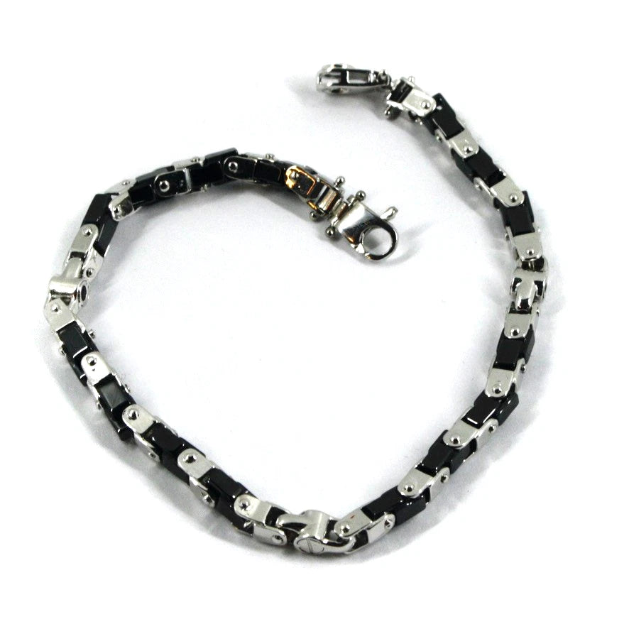 Bracciale Arcadia in argento 925 e ceramica nera, spessore 4.5 mm, tubolare squadrato, lunghezza 20.5 cm, Made in Italy