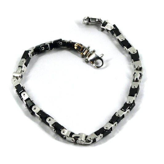 Bracciale Arcadia in argento 925 e ceramica nera, spessore 4.5 mm, tubolare squadrato, lunghezza 20.5 cm, Made in Italy