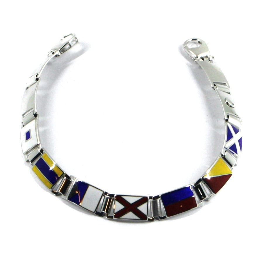 Arcadia-Armband aus 925er Sterlingsilber mit emaillierten nautischen Flaggen, Stärke 8,5 mm, Länge 21 cm, hergestellt in Italien