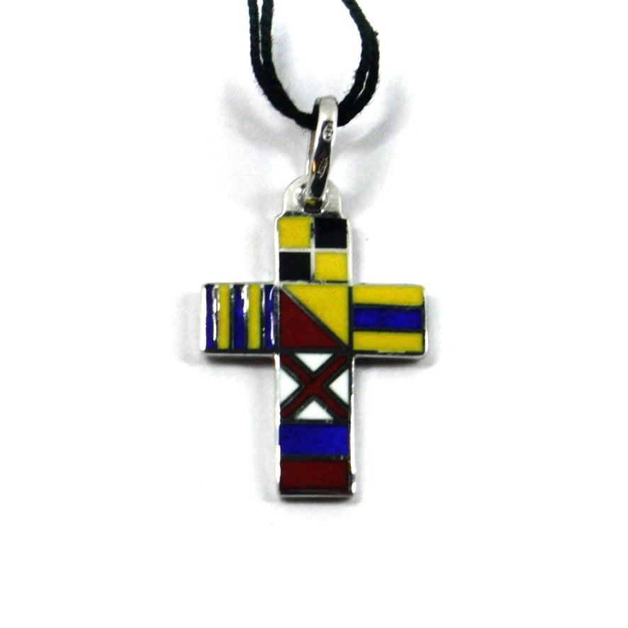 Arcadia-Kreuzanhänger, 24 x 16 mm, aus 925er Sterlingsilber mit emaillierten nautischen Flaggen, hergestellt in Italien