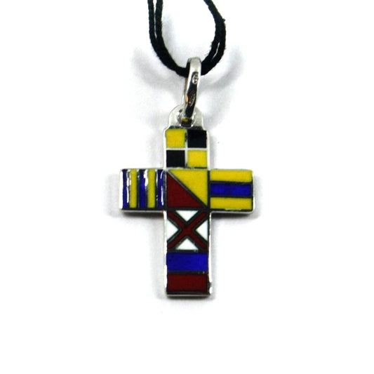 Arcadia-Kreuzanhänger, 24 x 16 mm, aus 925er Sterlingsilber mit emaillierten nautischen Flaggen, hergestellt in Italien