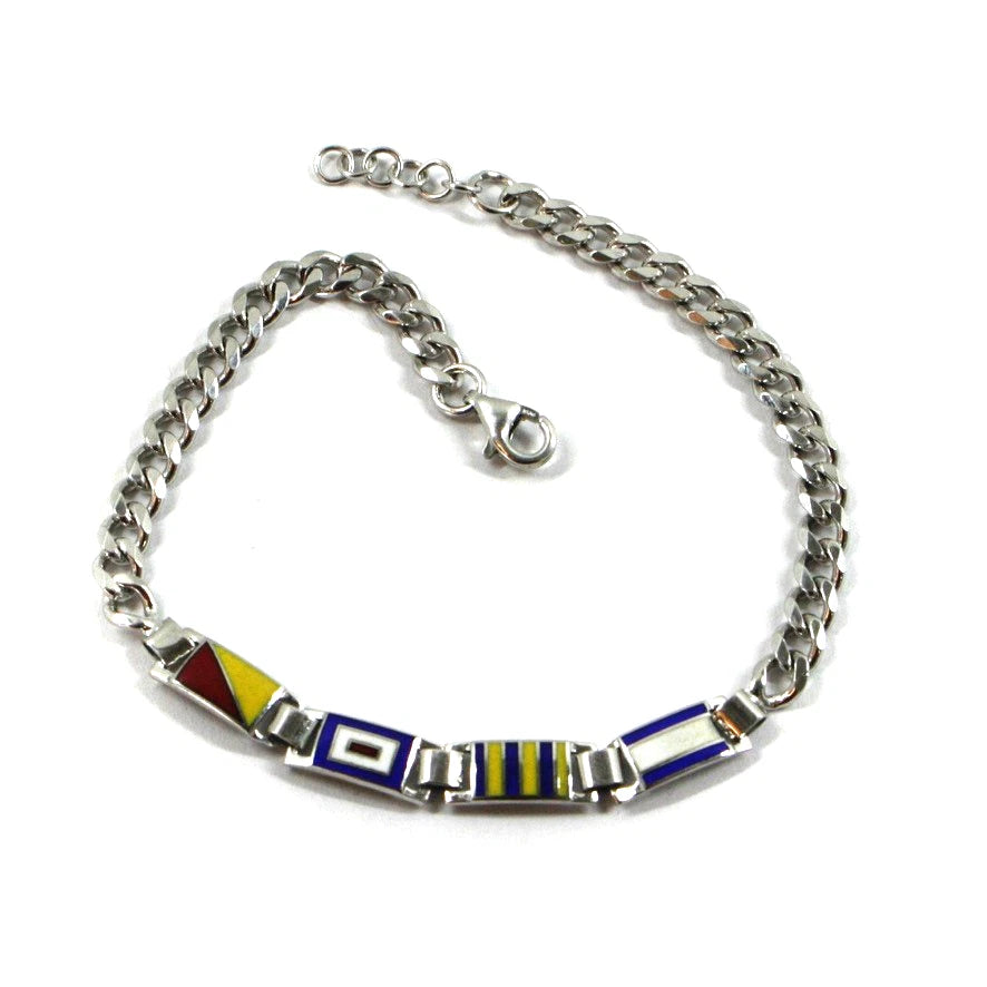 Bracciale Arcadia in argento 925 con bandiere nautiche smaltate a fuoco, spessore 5.5 mm, maglia groumette, lunghezza 19-20.5 cm, Made in Italy
