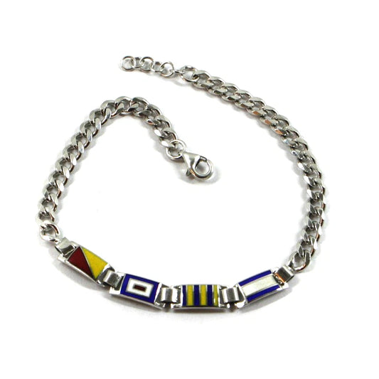 Bracciale Arcadia in argento 925 con bandiere nautiche smaltate a fuoco, spessore 5.5 mm, maglia groumette, lunghezza 19-20.5 cm, Made in Italy