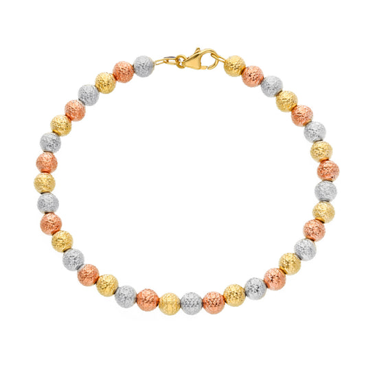 18K YELLOW, WHITE AND ROSE GOLD BRACELET, 5 MM WORKED SPHERES, LENGTH 19 CM