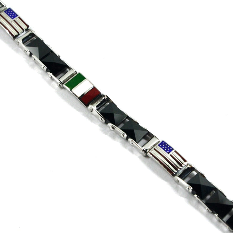 Bracciale Arcadia in argento 925 con bandiere Italiane, Italia, Usa, Stati Uniti smaltate a fuoco, spessore 6.5 mm e ceramica nera, lunghezza 20 cm, Made in Italy