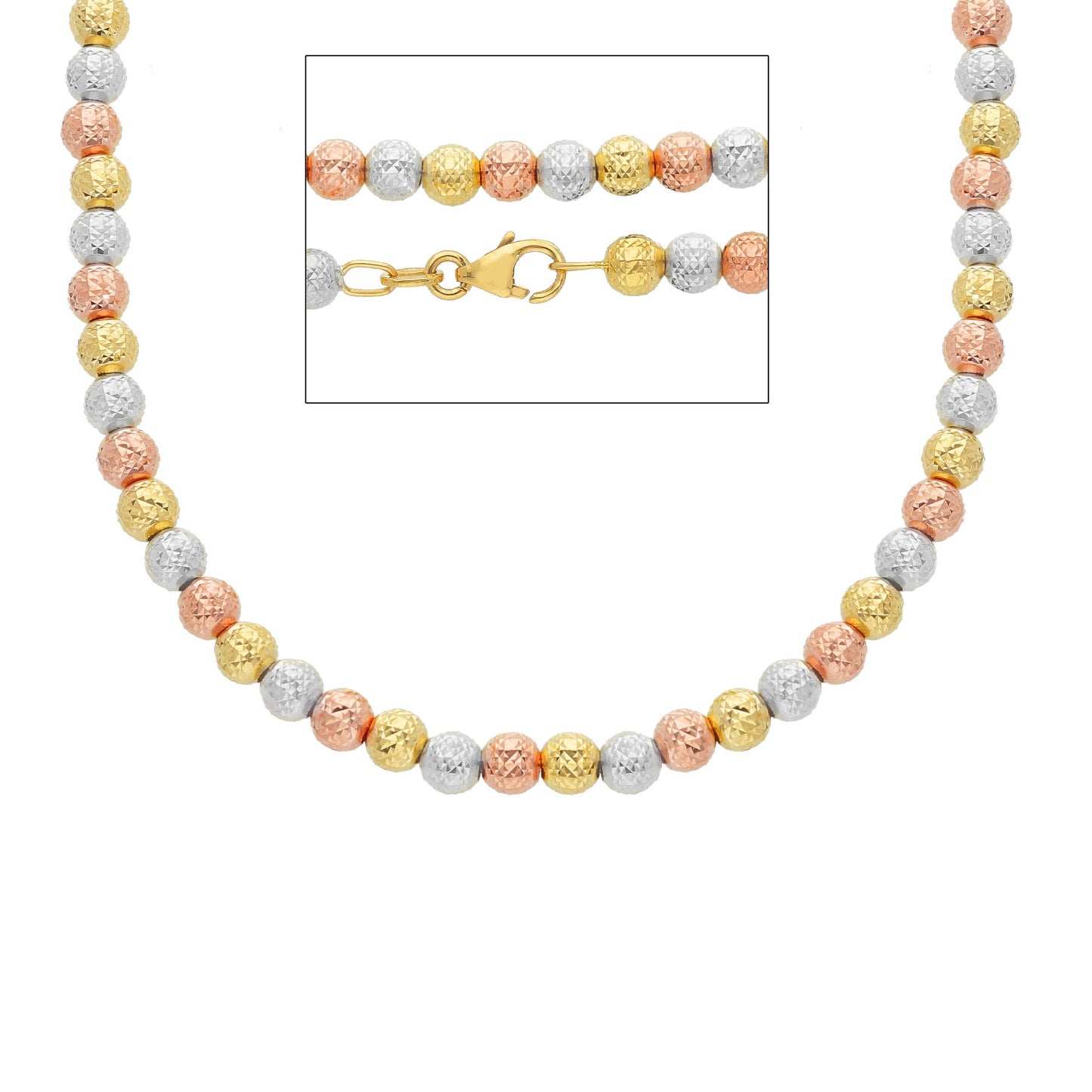 18K YELLOW, WHITE AND ROSE GOLD CHAIN, WORKED SPHERES, 4 MM THICKNESS, 40-45-50 CM 