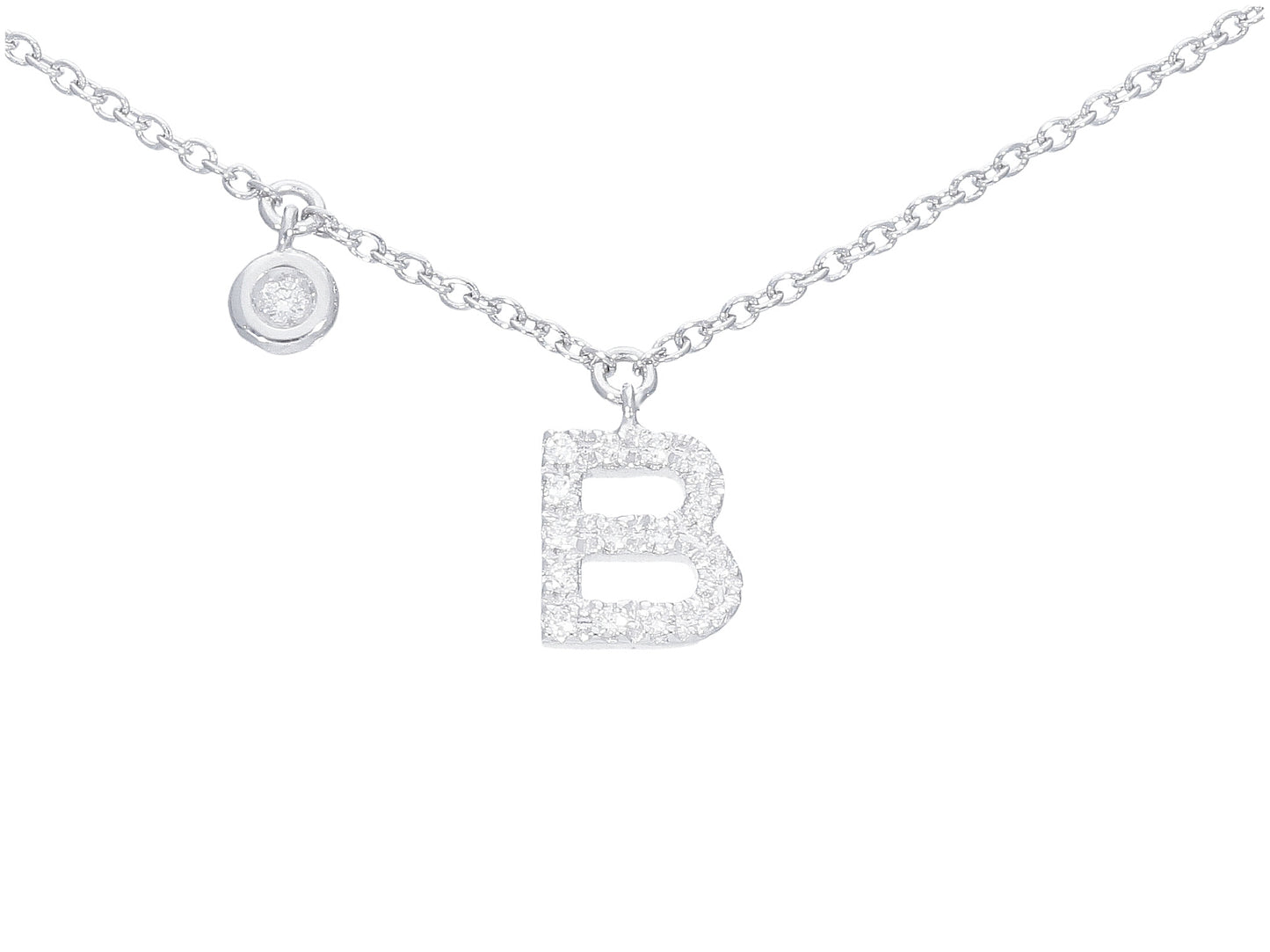 18K WHITE GOLD NECKLACE, ROLO LINK WITH PENDANT INITIAL LETTER AND DIAMONDS