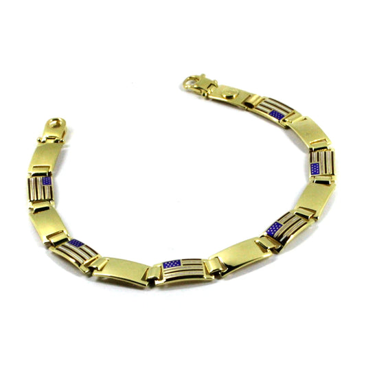 Bracciale Arcadia in argento 925 placcato oro giallo con bandiere USA America Stati Uniti smaltate a fuoco, spessore 6.5 mm, lunghezza 21 cm, Made in Italy