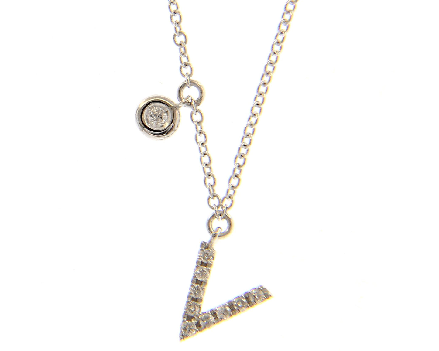 18K WHITE GOLD NECKLACE, ROLO LINK WITH PENDANT INITIAL LETTER AND DIAMONDS