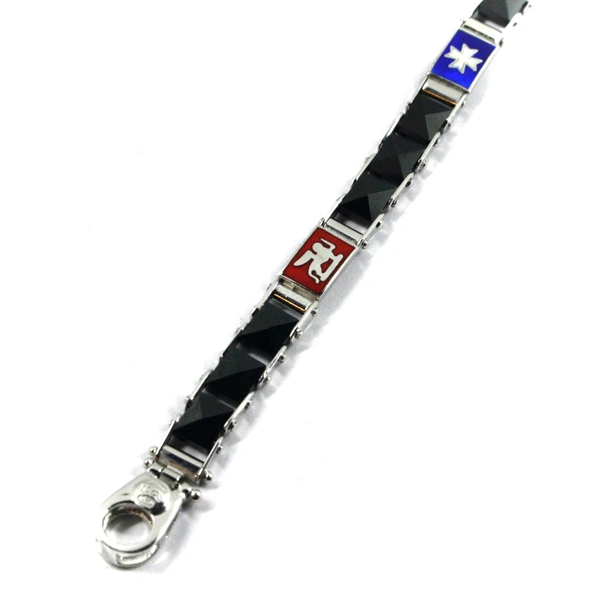 Bracciale Arcadia in argento 925 con bandiere Repubbliche Marinare smaltate a fuoco, spessore 6.5 mm, ceramica nera, lunghezza 21 cm, Made in Italy