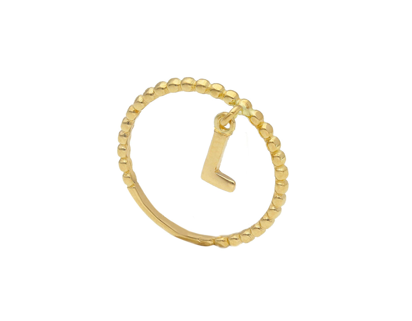 18K YELLOW GOLD RING, THREADED, SQUARE WITH DANGLING INITIAL LETTER