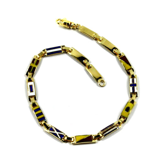 Arcadia-Armband aus 925er Sterlingsilber, gelbvergoldet und mit emaillierten nautischen Flaggen verziert, Stärke 3,5 mm, Länge 20,5 cm, hergestellt in Italien