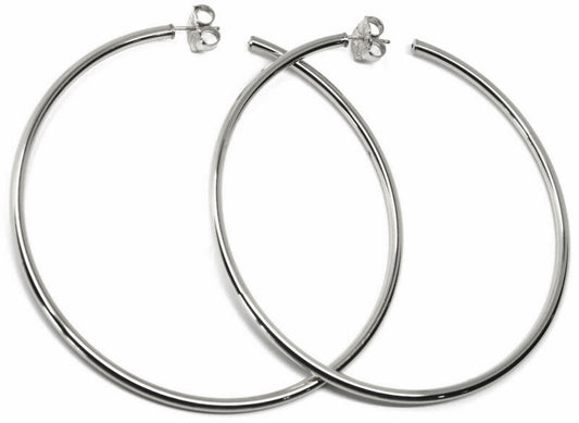 Grandi orecchini a cerchio Aquaforte in argento 925 rodiato, diametro 8.5 cm, spessore 3 mm