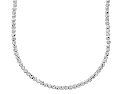 CATENA IN ORO BIANCO 18K, PALLINE E SFERE LAVORATE, SPESSORE 2.5 MM, 40-45-50 CM
