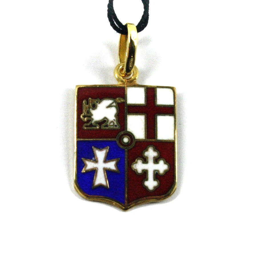 Arcadia-Schildanhänger (20 x 16 mm) aus gelbvergoldetem 925er Silber mit feueremaillierten Flaggen der Seerepubliken, hergestellt in Italien