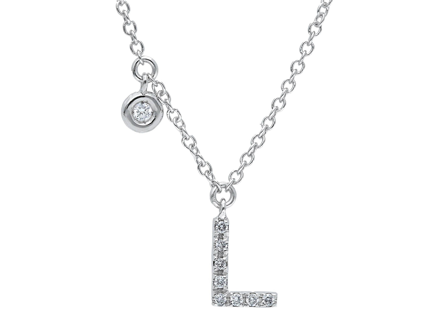 18K WHITE GOLD NECKLACE, ROLO LINK WITH PENDANT INITIAL LETTER AND DIAMONDS