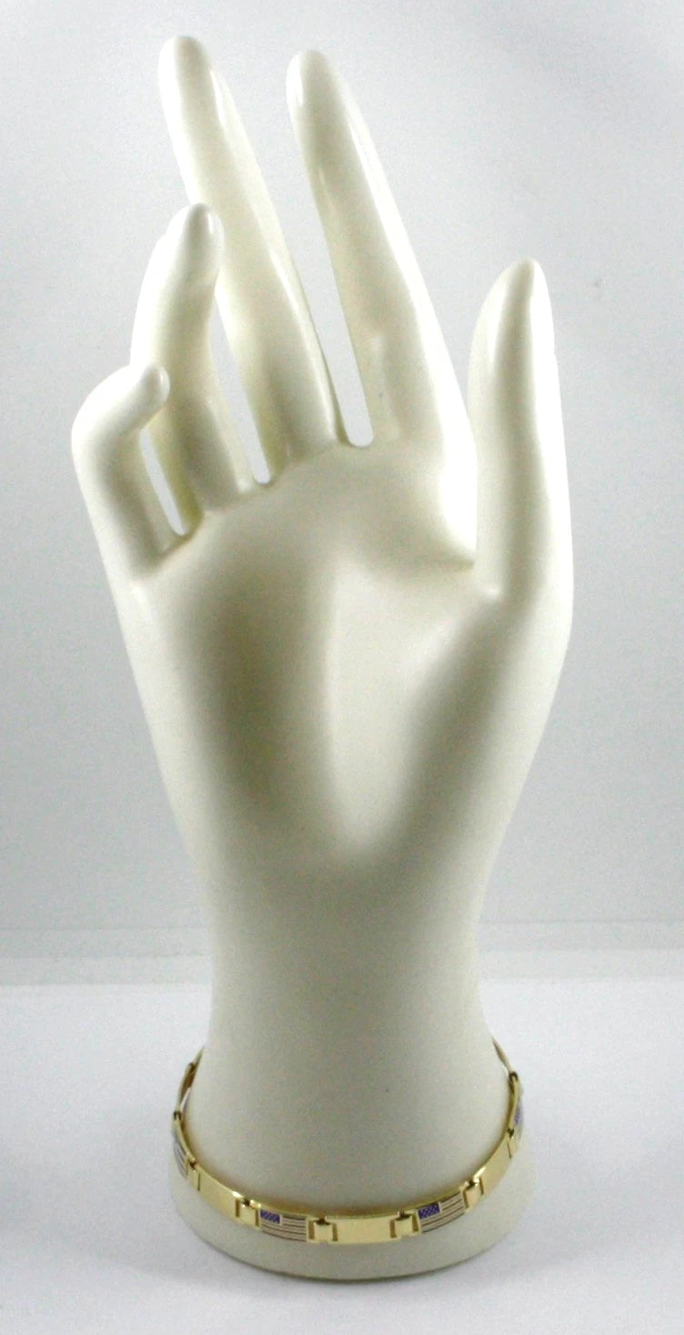 Bracciale Arcadia in argento 925 placcato oro giallo con bandiere USA America Stati Uniti smaltate a fuoco, spessore 6.5 mm, lunghezza 21 cm, Made in Italy