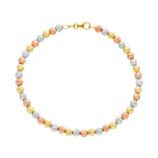 18K YELLOW, WHITE AND ROSE GOLD BRACELET, 4 MM WORKED SPHERES, LENGTH 19 CM