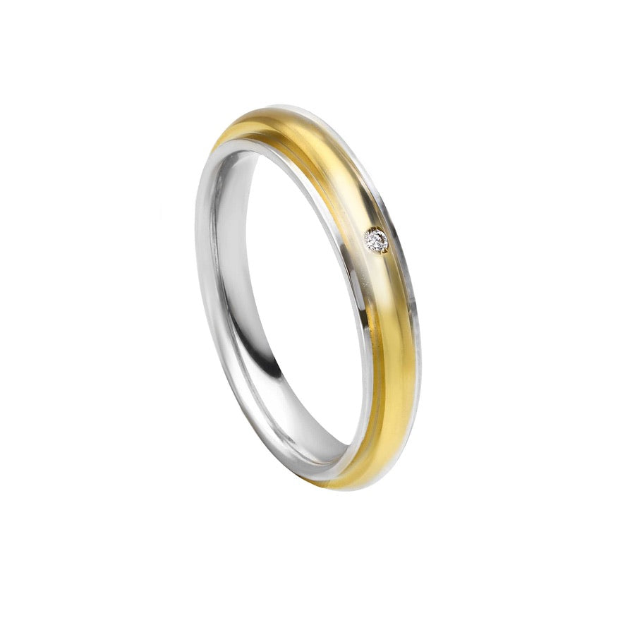 Anello Unoaerre fede nuziale, spessore 3mm, oro giallo con bordo bianco 750 18k e diamante