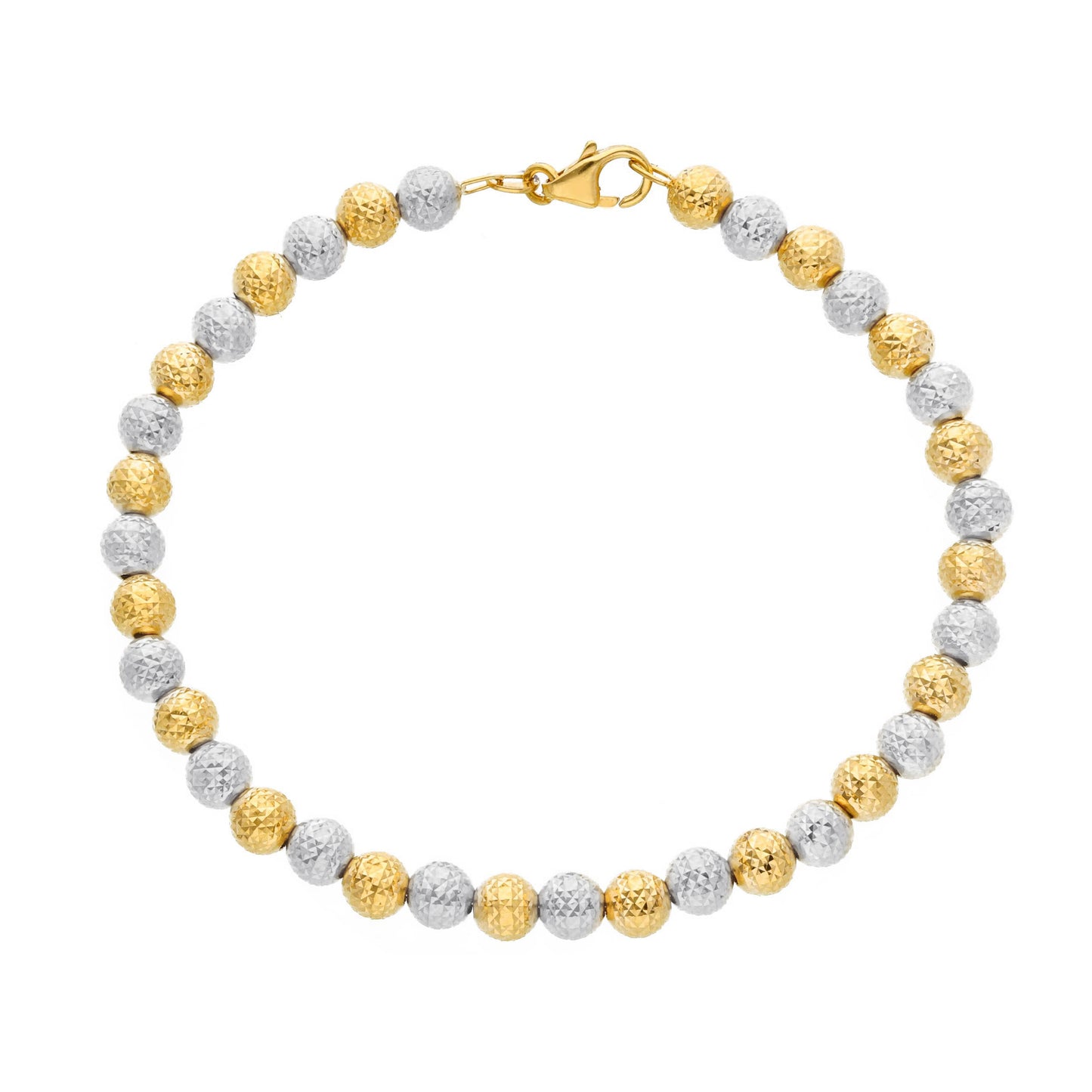 BRACCIALE ORO GIALLO E BIANCO, 18K, 750, SFERE LAVORATE DA 5 MM, LUNGHEZZA 19 CM