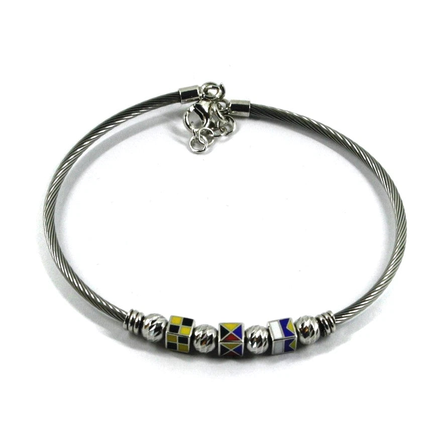 Bracciale Arcadia in argento 925 con cubo bandiere smaltate a fuoco, sfere sfaccettate, cavetto rigido in acciaio, lunghezza 20.5 cm, Made in Italy