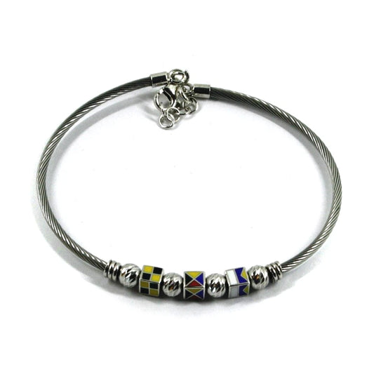 Bracciale Arcadia in argento 925 con cubo bandiere smaltate a fuoco, sfere sfaccettate, cavetto rigido in acciaio, lunghezza 20.5 cm, Made in Italy