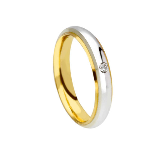 Anello Unoaerre fede nuziale, spessore 4mm, oro bianco con bordo giallo 750 18k e diamante