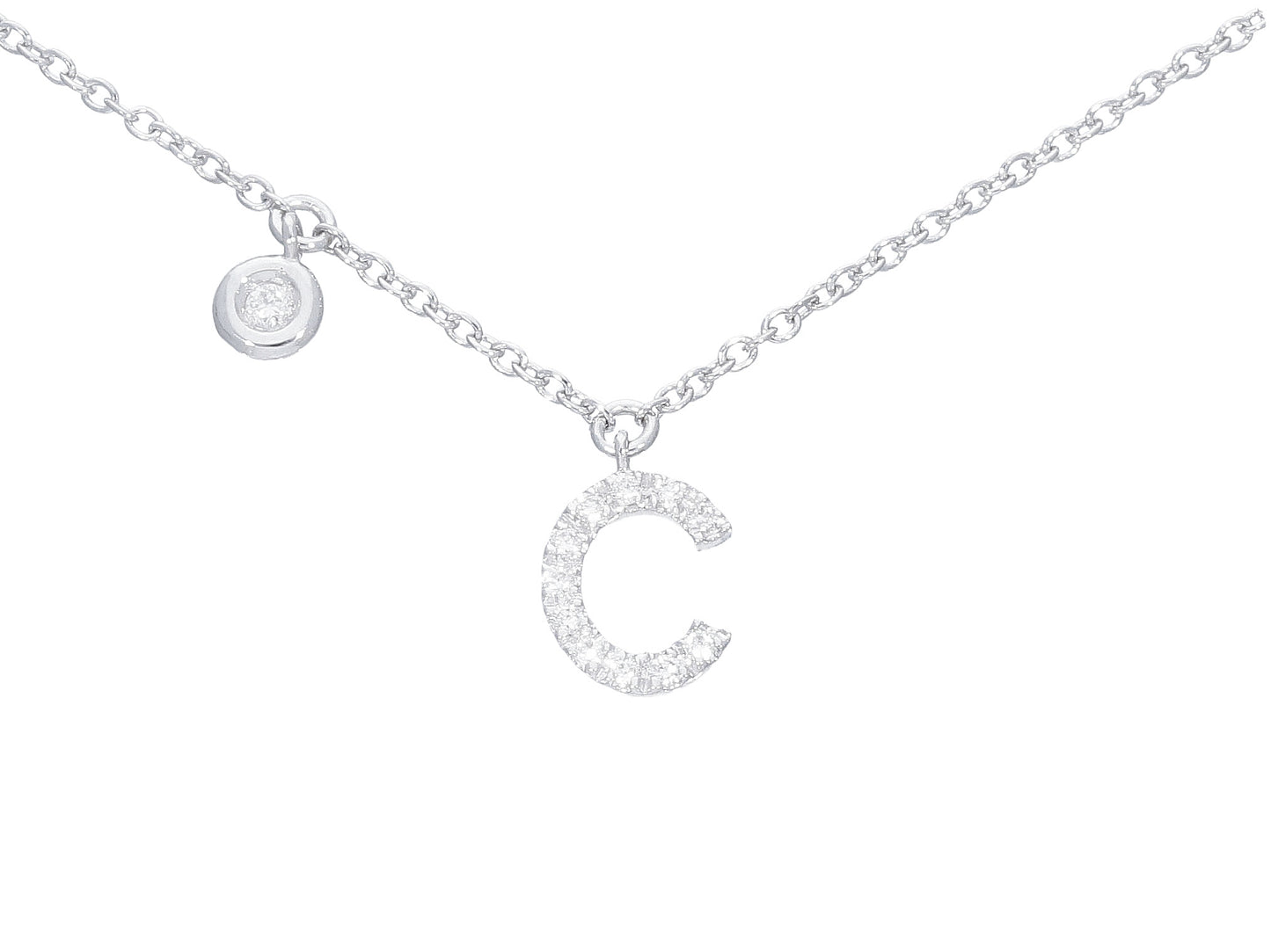 18K WHITE GOLD NECKLACE, ROLO LINK WITH PENDANT INITIAL LETTER AND DIAMONDS