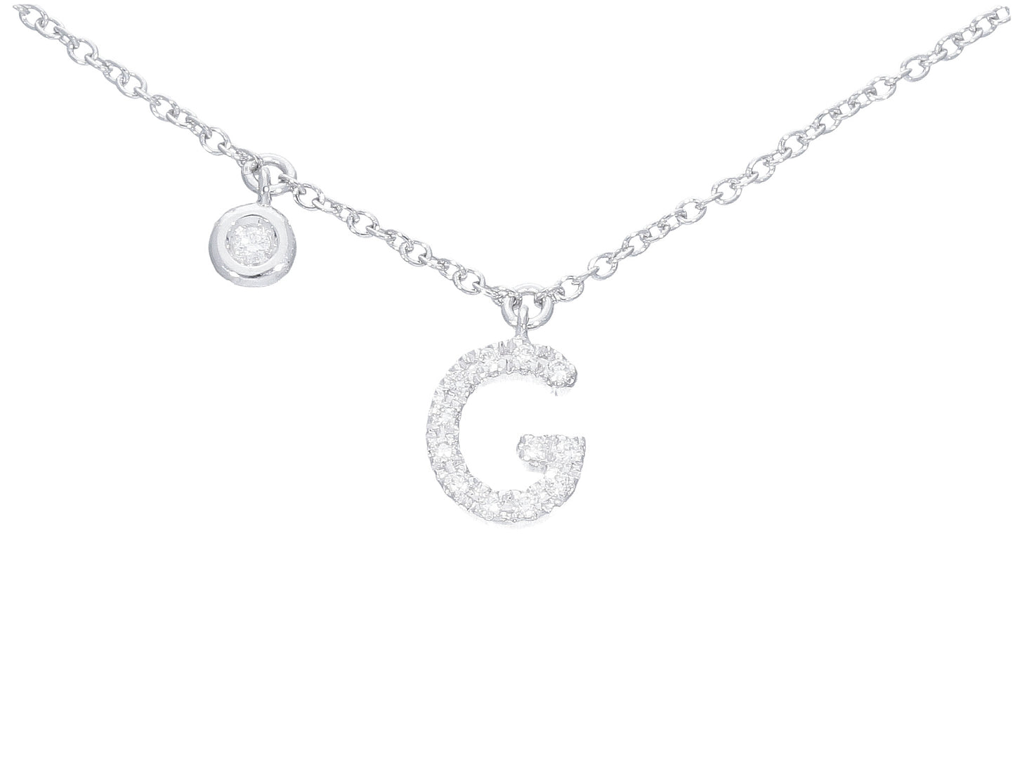 18K WHITE GOLD NECKLACE, ROLO LINK WITH PENDANT INITIAL LETTER AND DIAMONDS