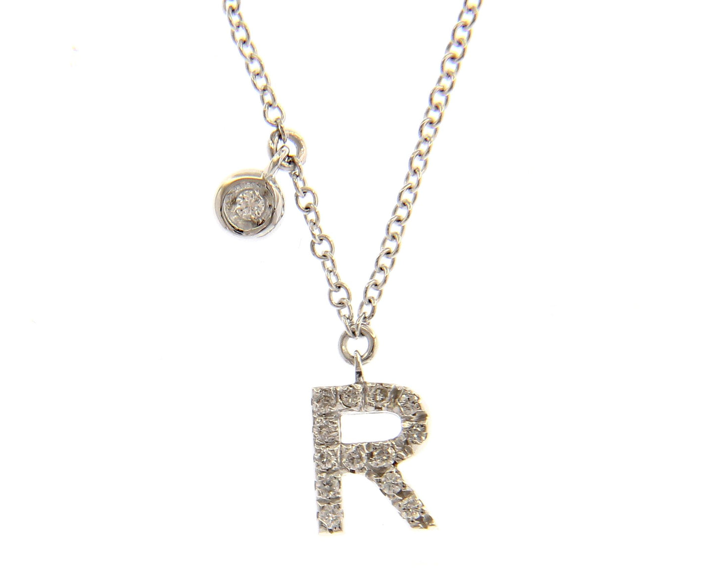 18K WHITE GOLD NECKLACE, ROLO LINK WITH PENDANT INITIAL LETTER AND DIAMONDS