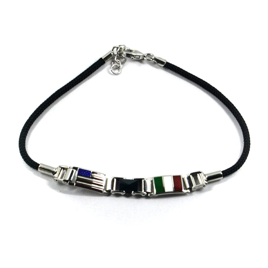 Bracciale Arcadia in argento 925 con bandiera Italia e Usa smaltate a fuoco, spessore 6.5 mm, ceramica nera, lunghezza 20.5 cm, Made in Italy