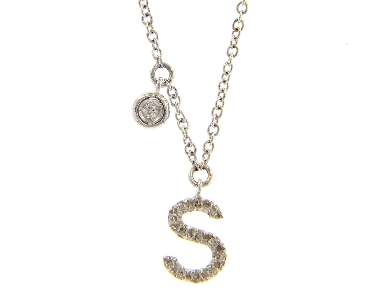 18K WHITE GOLD NECKLACE, ROLO LINK WITH PENDANT INITIAL LETTER AND DIAMONDS