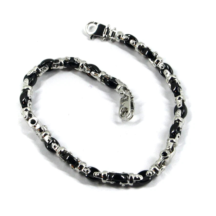 Bracciale Arcadia in argento 925 e ceramica nera, spessore 4.5 mm, tubolare stondato, lunghezza 21 cm, Made in Italy